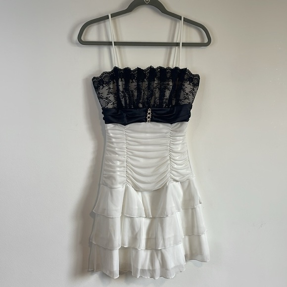 Deb Dresses & Skirts - Y2K Lace Tiered Dress Medium Emo 00s Rhinestone Black White Mini Goth Spaghetti